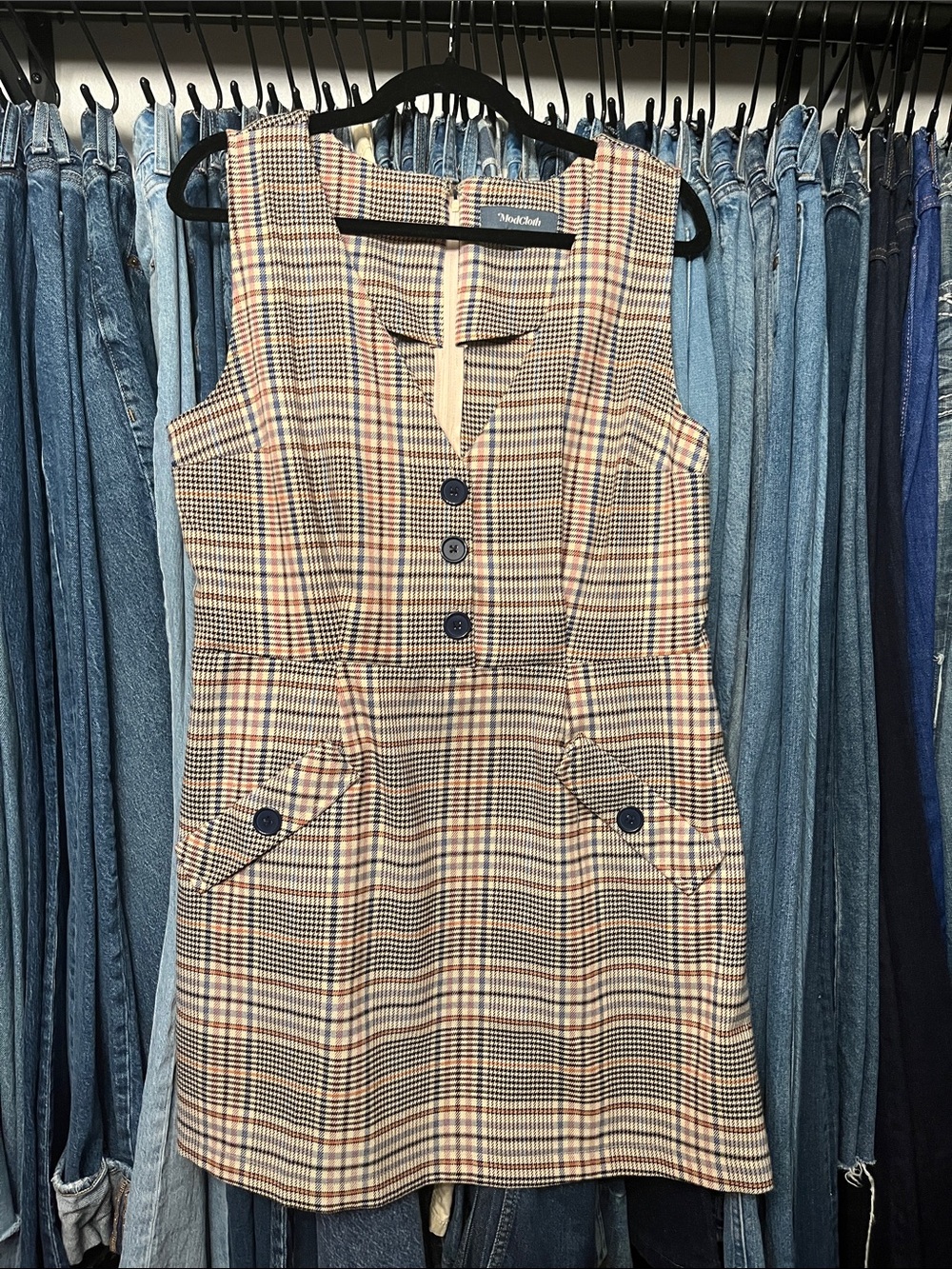 ModCloth Beige Plaid Sleeveless Mini Dress with Navy Buttons SZ 14